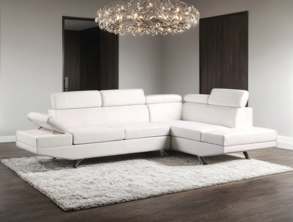 Moderno White Faux Leather L-Shaped Sectional Sofa with Adjustable Headrests and Polished Chrome Legs