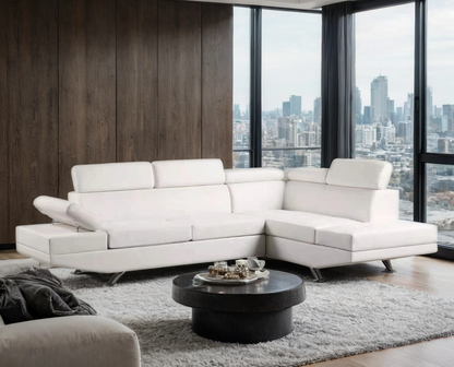 Moderno White Faux Leather L-Shaped Sectional Sofa with Adjustable Headrests and Polished Chrome Legs