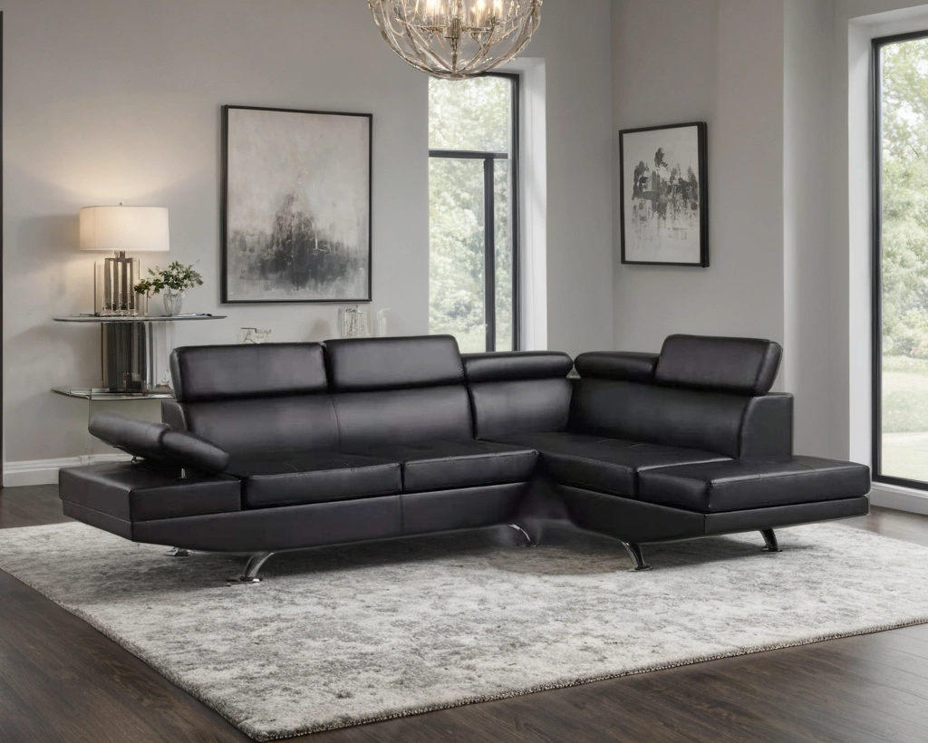 Moderno White Faux Leather L-Shaped Sectional Sofa with Adjustable Headrests and Polished Chrome Legs