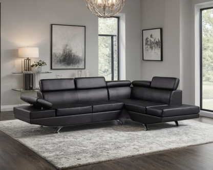 Moderno White Faux Leather L-Shaped Sectional Sofa with Adjustable Headrests and Polished Chrome Legs
