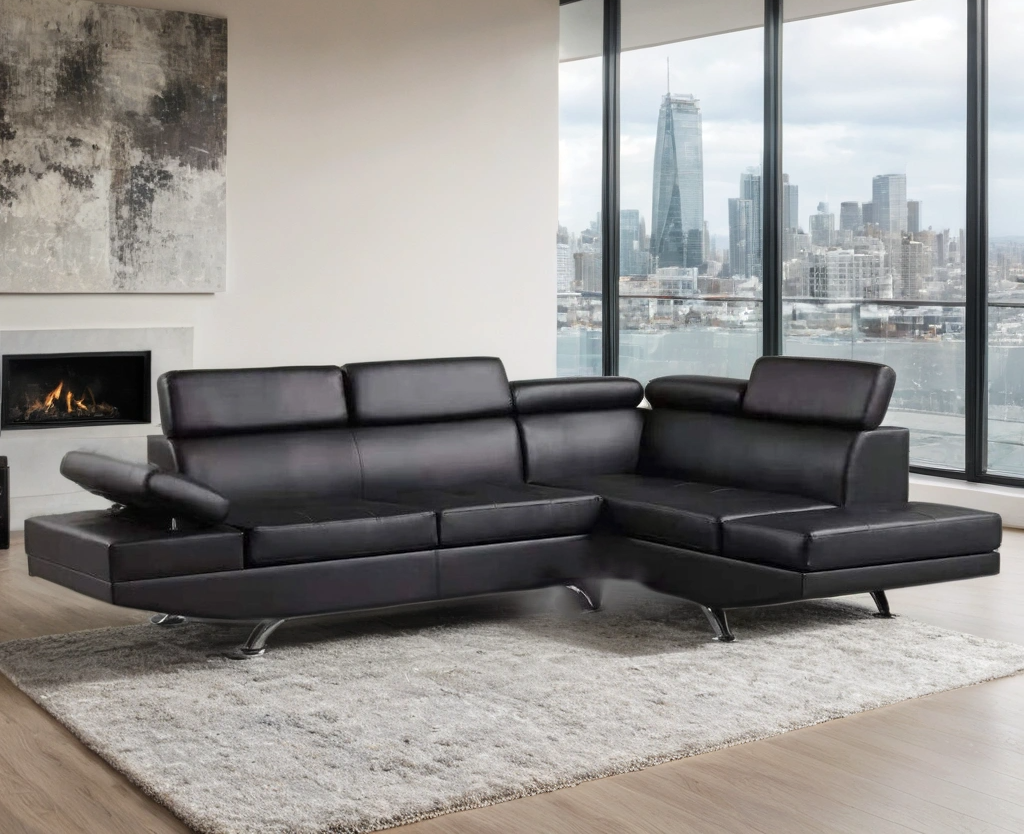 Moderno White Faux Leather L-Shaped Sectional Sofa with Adjustable Headrests and Polished Chrome Legs