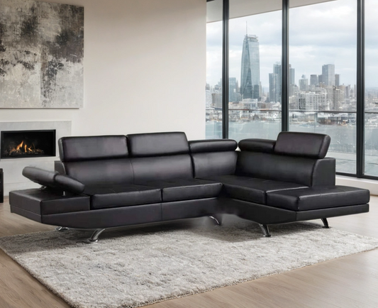 Moderno White Faux Leather L-Shaped Sectional Sofa with Adjustable Headrests and Polished Chrome Legs