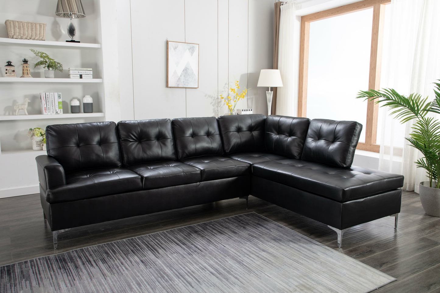 James Black PU Reversible Sectional – Modern L-Shaped Faux Leather Sofa with Chrome Legs