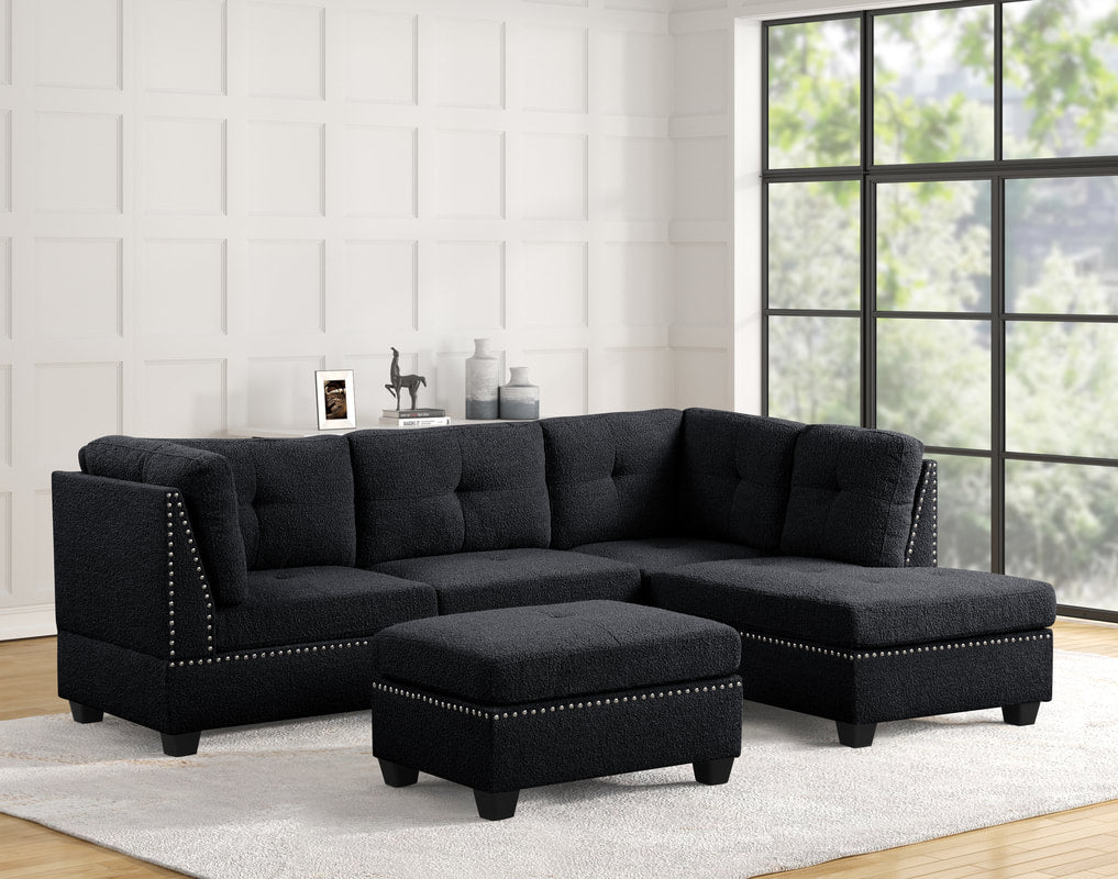 Sienna 104" Boucle L-Shaped Sectional with Button-Tufted Accents, Ottoman, and Nailhead Trim