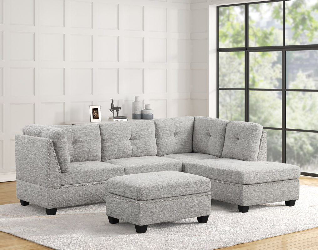 Sienna 104" Boucle L-Shaped Sectional with Button-Tufted Accents, Ottoman, and Nailhead Trim