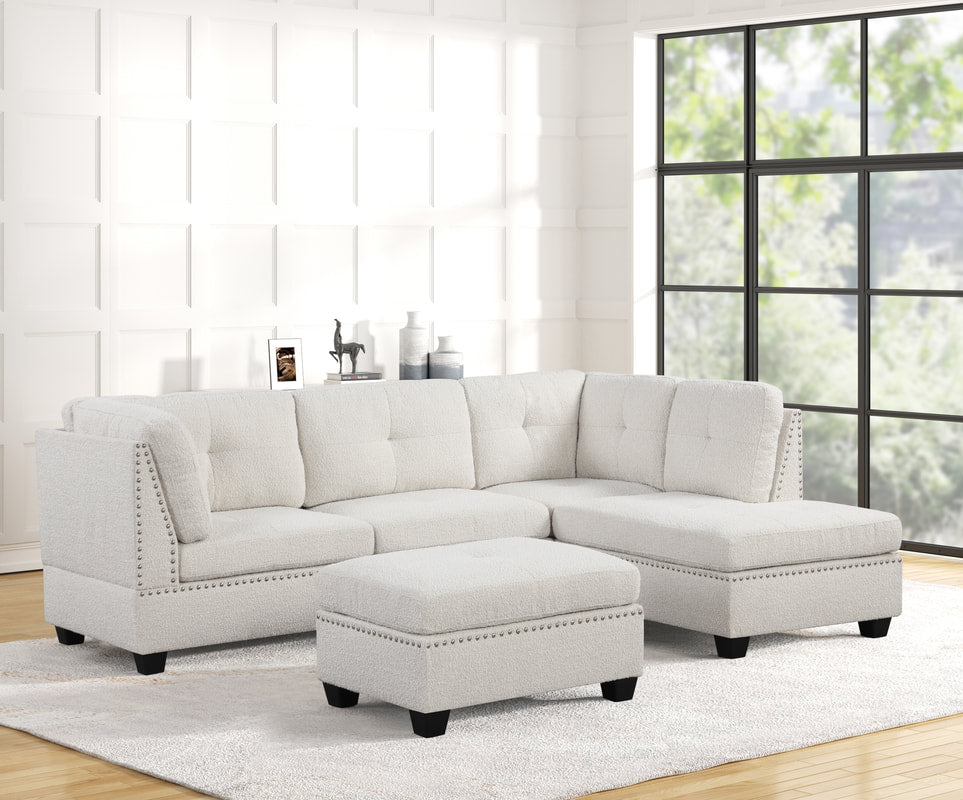 Sienna 104" Boucle L-Shaped Sectional with Button-Tufted Accents, Ottoman, and Nailhead Trim