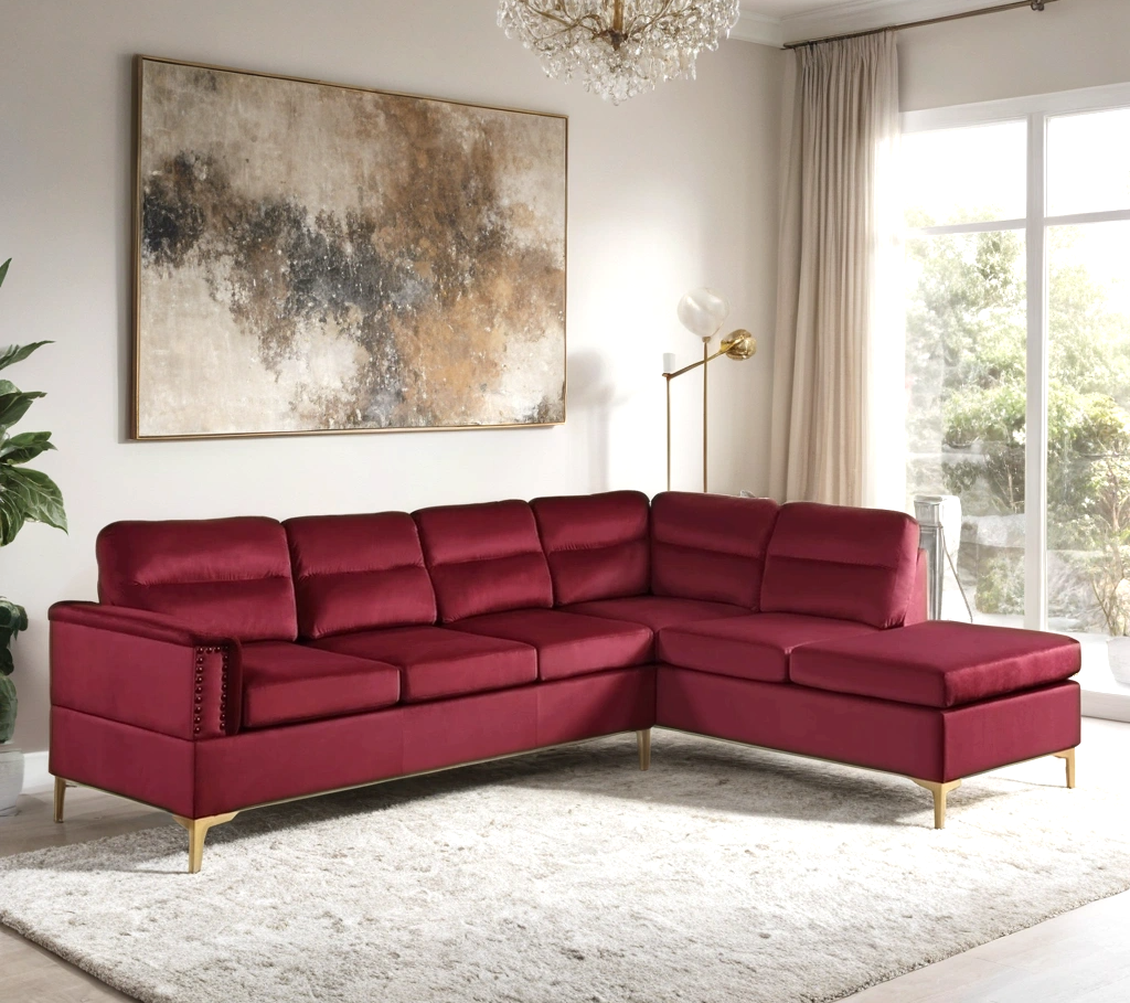 Vogue Luxurious Velvet L-Shaped Sectional Sofa with Gold Nailhead Trim and Gold Metal Y-Legs