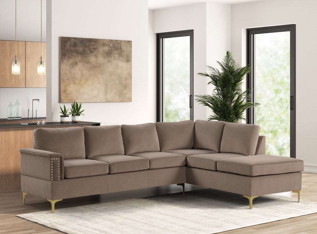 Vogue Luxurious Velvet L-Shaped Sectional Sofa with Gold Nailhead Trim and Gold Metal Y-Legs