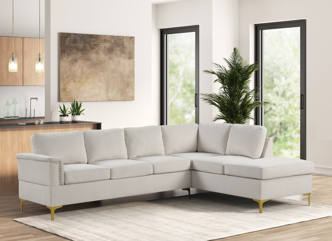 Vogue Luxurious Velvet L-Shaped Sectional Sofa with Gold Nailhead Trim and Gold Metal Y-Legs